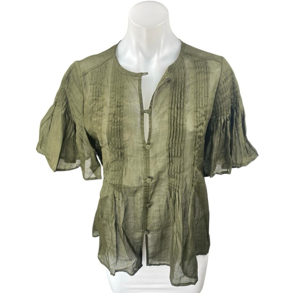 Banana Republic Green Pleated Short Flutter Sleeve Button Up Blouse Shirt Top S